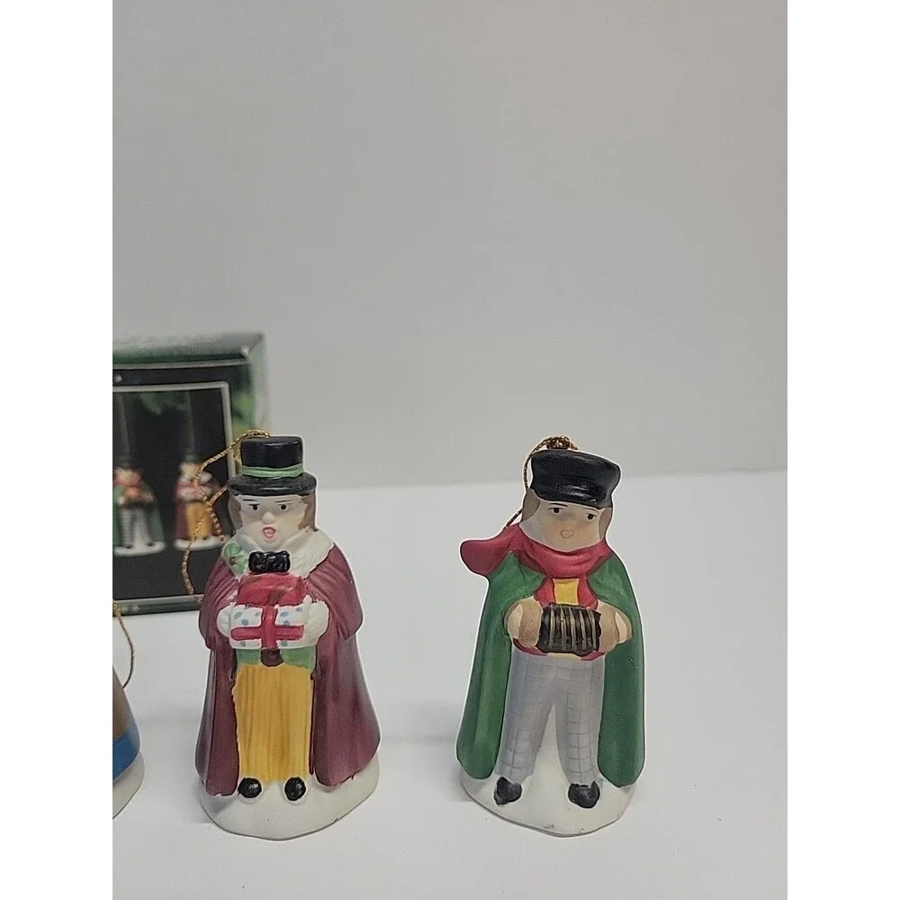 4 Vintage Village Carollers Porcelain Bisque Ornaments Hand‎ Painted Bells JSNY
